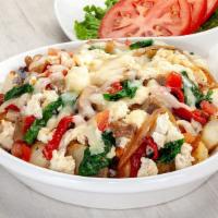Almost Healthy Skillet · Two scrambled eggs, fresh spinach, roasted red peppers, caramelized onions, mushrooms, tomat...