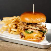 The BBQ Burger Combo · Wagyu patty, cheddar cheese, fried onion strings grilled jalapenos, bacon mayo and BBQ sauce...