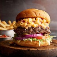Bacon Mac Burger · Bacon mac and cheese, lettuce, tomato, pickles and onion