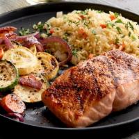 Atlantic Salmon (GS) · Gluten sensitive. Flame grilled, choice of garlic herb butter, blackened or BBQ Glazed. Serv...