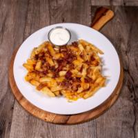 Loaded Fries · Cheddar jack, scallions and bacon over hand cut fries served with ranch dip.