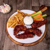 Chicken Tender Entree with choice of two sides · Lightly breaded and seasoned tenders, served with carrots and celery with choice of sauce.