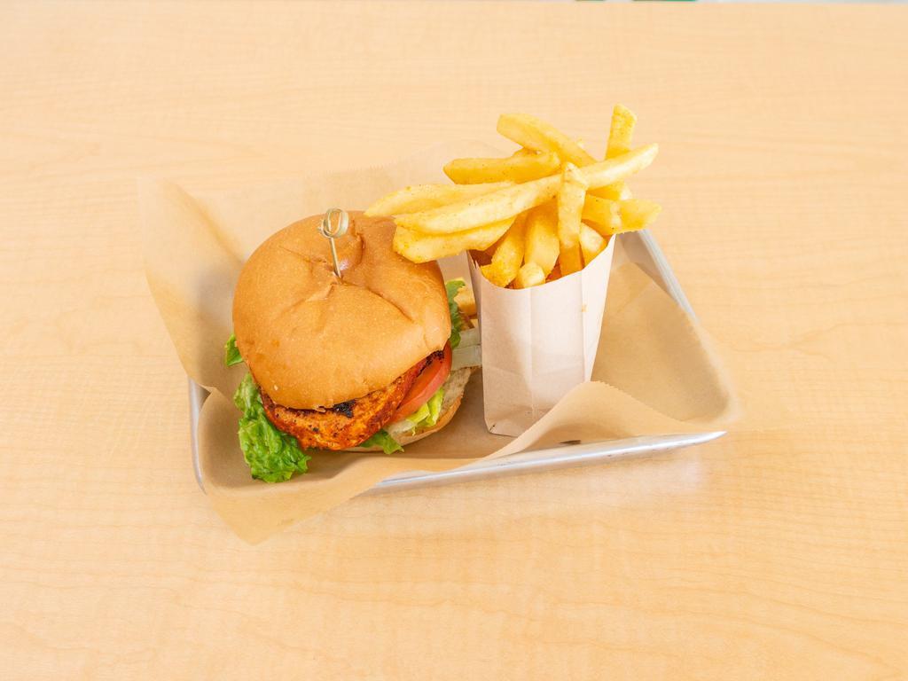 Blackened Chicken Sandwich · Blackened chicken, lettuce, tomato and chipotle aioli. Served with fries.