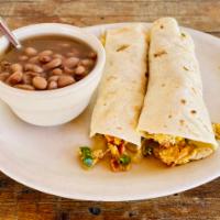 Stevens Vegetarian Breakfast Burritos · Served with boiled beans, egg, tomato, onion, jalapeno, and cheese.