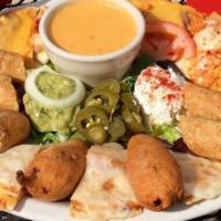 Sampler Platter · Nachos, chicken flautas, stuffed jalapeños, chicken quesadillas, chile con queso, guacamole,...