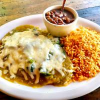 Chicken Poblano Verde · 1 piece grilled chicken with poblano topped with verde sauce, rice and boiled beans. Gluten-...