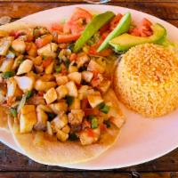 Fish Tacos Dinner · Grilled tilapia sauteed with onions, poblano and tomato served with rice, salad and avocado....