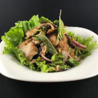 Grilled Pork Shoulder Salad · Grilled quick marinated pork shoulder, basil leaves, shallot, cilantro, chili powder and ric...