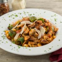 Cavatappi Matriciana · Corkscrew pasta and sausage simmered in plum tomatoes with pepper, mushroom and onion.