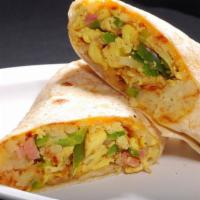 Breakfast Burrito · 2 scrambled eggs, cheddar cheese, onion, pepper, sausage and served with sour cream and salsa.