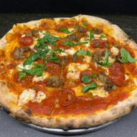 Meatlovers Pizza · house sausage + pepperoni + mozzarella + purple onion + basil