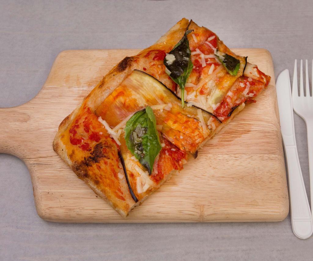 Parmigiana di Melenzane Pizza · Tomato sauce, eggplant parmigiano, cheese and basil.