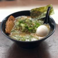 Tonkotsu. · Pork broth: chashu belly, sesame seeds, green onion, cabbage, bean sprouts, seaweed with thi...