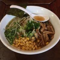 Vegan. · Kelp and mushroom broth: tofu, green onion, cabbage, bean sprouts, bamboo, kaiware, corn and...