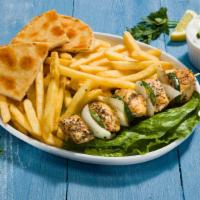 Chicken Souvlaki Entree · Include rice or fries and choice of roll or pita bread. Skewered pieces of chicken breast, g...