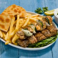 Chicken and Pork Souvlaki Entree · Greek Souvlaki's favorites. Best of both worlds!!! Chicken and pork souvlaki, rice or fries ...