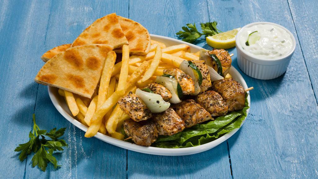 Chicken and Pork Souvlaki Entree · Greek Souvlaki's favorites. Best of both worlds!!! Chicken and pork souvlaki, rice or fries and pita or roll.
