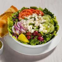 Classic Greek Salad · Fresh mix greens, tomatoes, cucumbers, red onions, pepperoncini, Kalamata olives, feta chees...