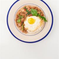 Basil Ground Meat with Fried Egg · Basil not avialable. Sauteed ground pork, basil, chili, garlic, onion, string bean, bell pep...