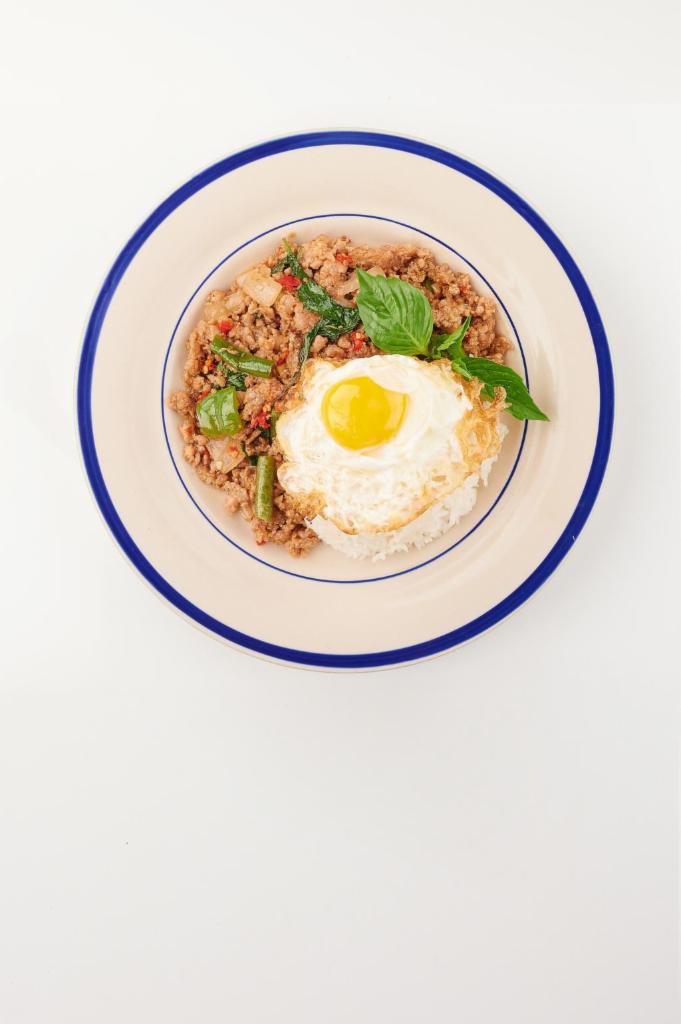 Basil Ground Meat with Fried Egg · Basil not avialable. Sauteed ground pork, basil, chili, garlic, onion, string bean, bell pepper over rice topped with a fried egg. Spicy.