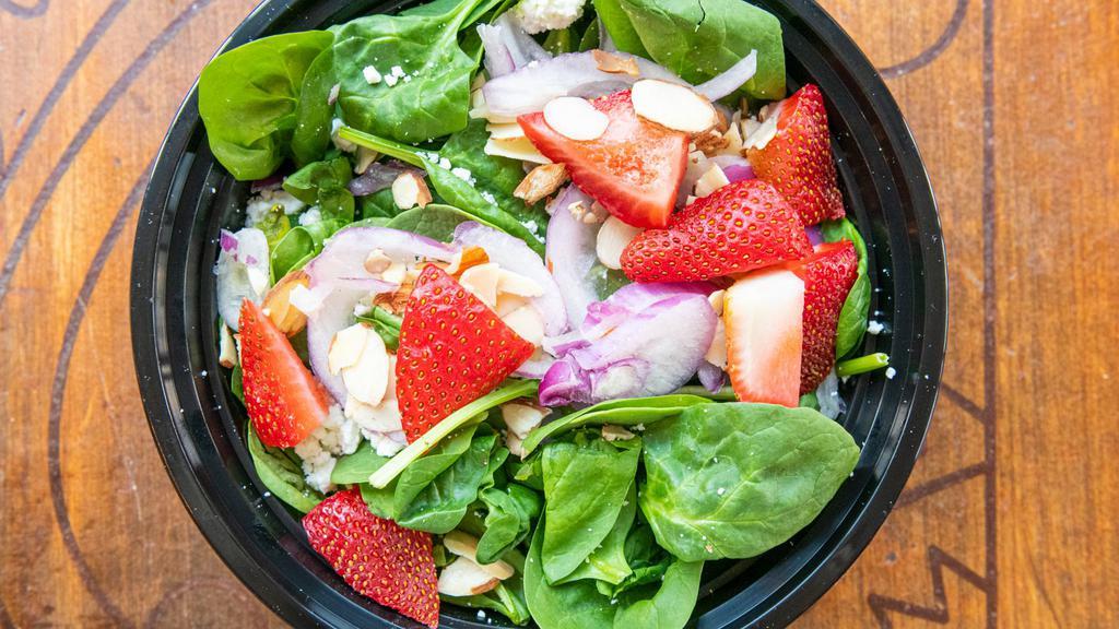 Gluten-Free Seasonal Spinach Salad · Baby spinach Fresh strawberries (in season), toasted almonds, red onions, tomatoes with balsamic vinaigrette