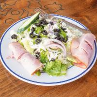 Chef Salad · Chopped lettuce with ham, turkey, salami, green pepper, onion, mushroom, cucumber, black oli...