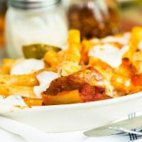 Baked Ziti with Sausage and Peppers · Zita cut pasta with marinara, sauteed sausage links peppers and onions with melted fresh Moz...