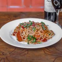 Spaghetti #4 w/EVO,Garlic, San Marzano,basil,& Parmigiano. · Spaghetti with olive oil and garlic, San Marzano tomatoes, fresh basil, and Parmigiano Reggi...