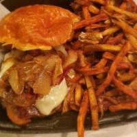 Chelsea Cheeseburger · 8 oz. Hereford beef patty, beer-braised onions, white cheddar, and brioche bun, served with ...
