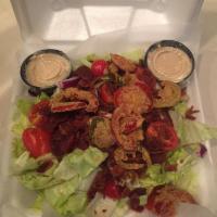 BLT Salad · Applewood smoked bacon, chopped iceberg lettuce, grape tomatoes, red onion, crispy cherry pe...