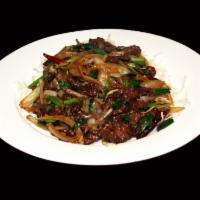 Mongolian Beef · Spicy. sliced frank steak and onion
