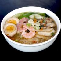 Combination Noodle soup · Chicken, pork belly, shrimp and roasted egg with Choice of lamien noodles or rice noodles. N...