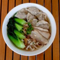 Pork Belly Wonton Soup · Choice of lamien noodles or rice noodles. Noodle soup served with bokchoy, onion and pork br...