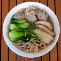 Chicken Wonton Soup · Choice of lamien noodles or rice noodles. Noodle soup served with bokchoy, onion and pork br...