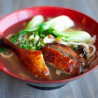 Roasted Duck Leg Noodle Soup · Choice of lamien noodles or rice noodles. Noodle soup served with bokchoy, onion and pork br...