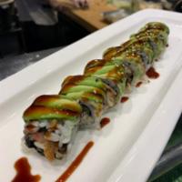 Dragon Roll · Eel, cucumber, crab with avocado on top.
