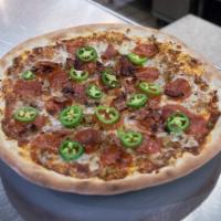 Frankie Pizza · Pepperoni, sausage, bacon and jalapeno.