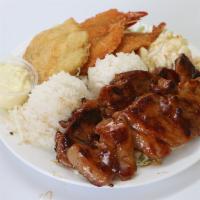 Seafood Combo · Fish filet and fried shrimp with a choice of teriyaki beef, BBQ chicken, or BBQ short rib.