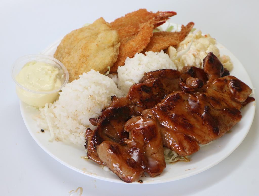 Seafood Combo · Fish filet and fried shrimp with a choice of teriyaki beef, BBQ chicken, or BBQ short rib.