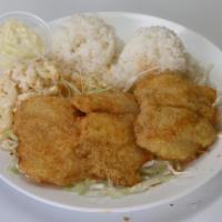 Deep Fried Fish Filet · 1 scoop of white rice or brown rice, and choice of macaroni salad or tossed green salad.