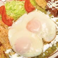 Chilaquiles con 2 Huevos Dinner · Your choice of red or green sauce chilaquiles with 2 eggs on the side. Served with rice, bea...