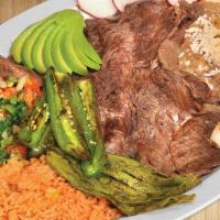 Cecina el Mezquite Platillo · Cured steak. Served with beans, rice, pico de gallo, avocado, radishes, grilled green onions...