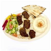 Beef Shish Kabob Plate · 5 pieces of Charbroiled flap meat. comes with hummus, salad, rice 