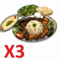 Triple Mix Grill Aleppo Family Style  ( For 6 people )  · 15 pieces of beef shish, 3 skewer of beef kafta, 15 pieces of chicken shish and grilled vege...