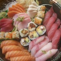 Party Sushi and Sashimi Entree · For 2 people. 14 pieces of sashimi, 8 pieces of sushi, 2 of chef's choice special roll, serv...