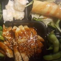 Teriyaki Dinner Bento Box · Your choice of protein, served with haru maki, miso soup, seaweed salad, shumai, rice and a ...