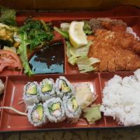 Chicken Katsu Dinner Bento Box · Served with haru maki, miso soup, seaweed salad, shumai, rice and a California roll,edamame.