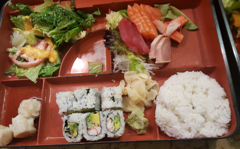 Sashimi Dinner Bento Box · Served with haru maki, miso soup, seaweed salad, shumai, rice and a California roll,edamame.