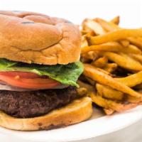 Burger Deluxe · served on a toasted bun with french fries, lettuce, tomato, and onion