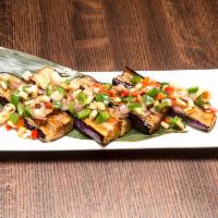 Grilled Miso Eggplant · Topped with onions, mushrooms and bell peppers